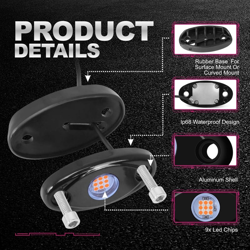 LY8 12 Pods Purple LED Rock Lights Neon Underglow Light for Car Truck ATV SUV Under Body Glow Light Trail Fender Lighting - Image 5